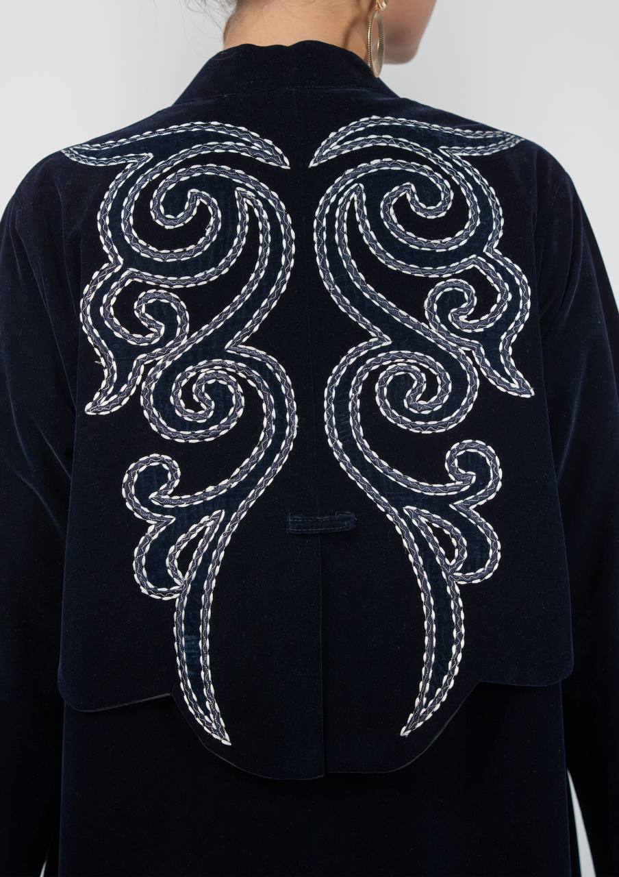 Navy blue velvet abaya with embroidery.C:6842