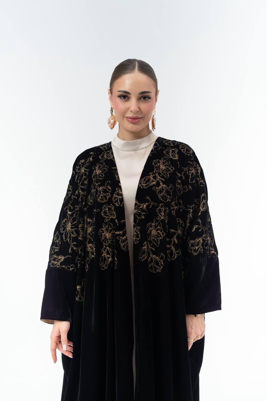 Black velvet Bisht-style abaya with embroidery.C:6843