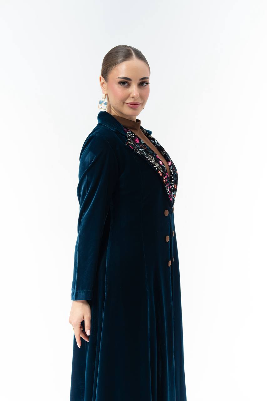 Navy blue velvet abaya with embroidery.C:6845 Blue