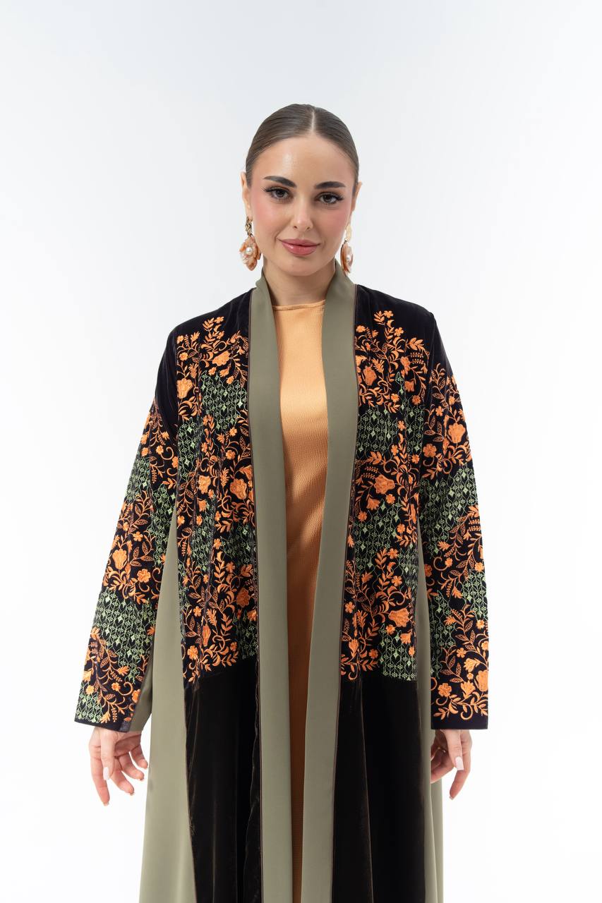 Embroidered velvet and crepe abaya.C:6835