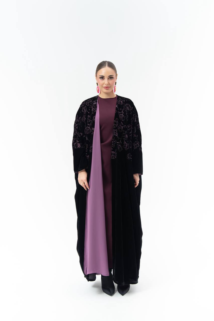 Black velvet Bisht-style abaya with embroidery.C:6843 Pink