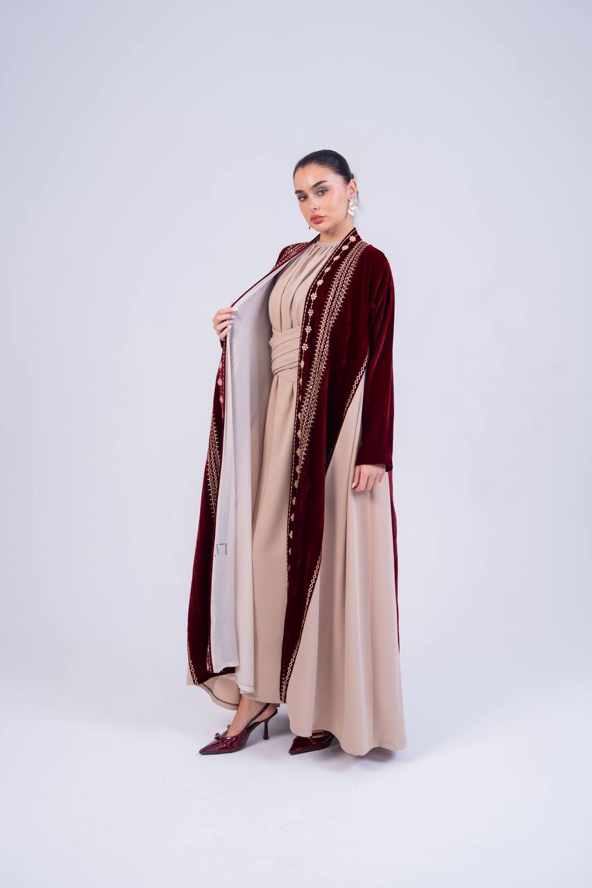 Velvet and crepe abaya with embroidery.C:6852