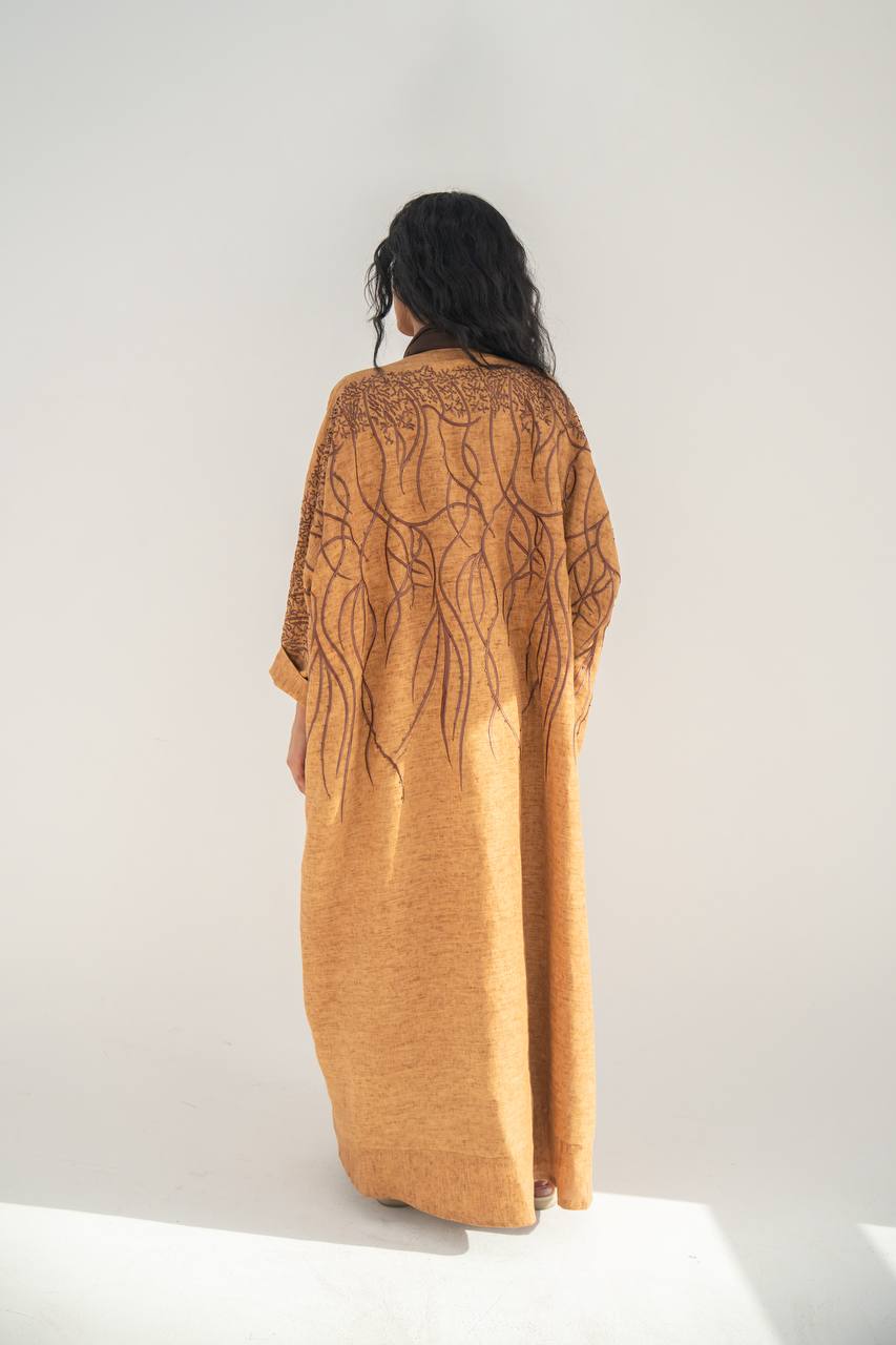 Brown linen bisht abaya with embroidery C:6648