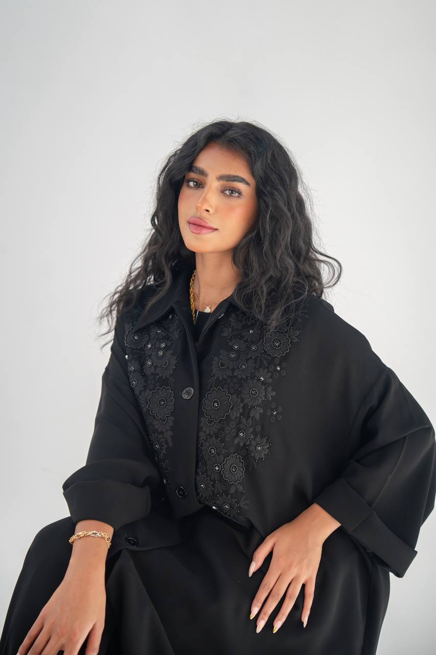 Black crepe abaya with hand embroidery and beading C:6650