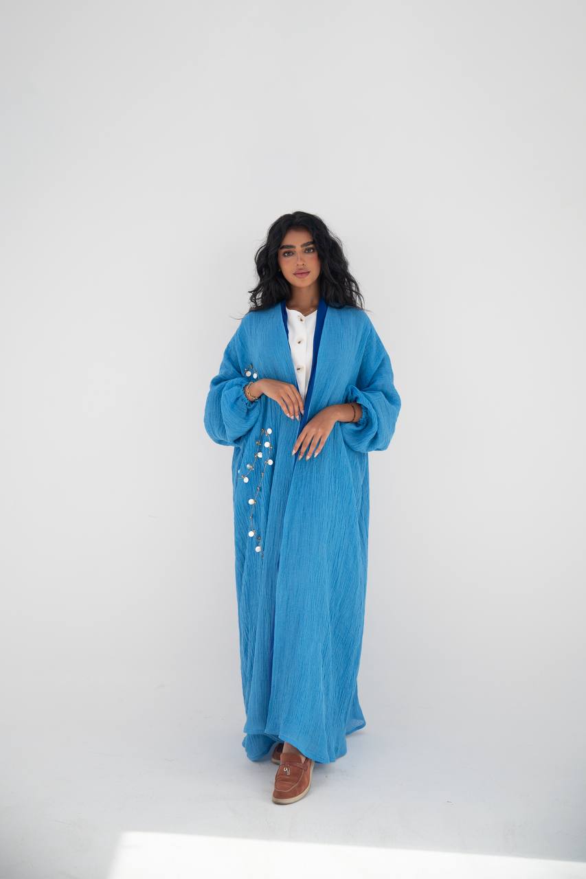 Blue linen abaya with hand embroidery C:6647