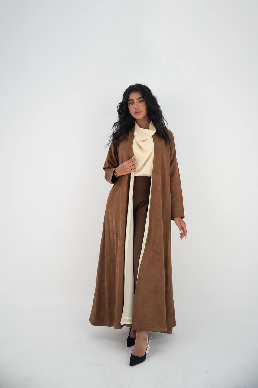 Honey-colored crepe jacquard abaya C:6645 Brown