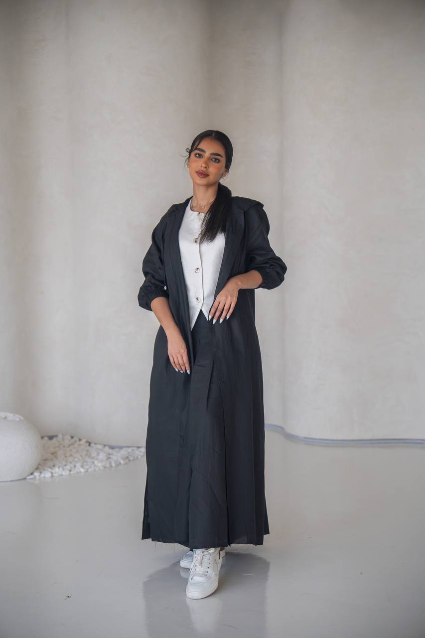 Black abaya with inner set, made of linen C:6634 Black