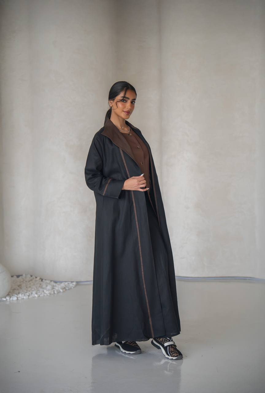 Black blazer abaya with inner set, made of linen C:6636 Black-Brown