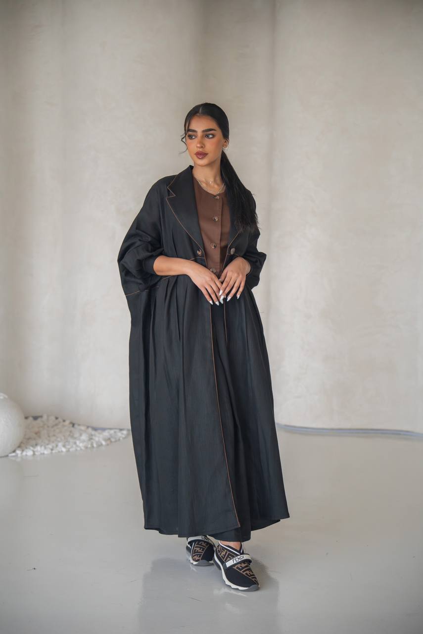 Free size black abaya with inner set, linen C:6641 (free size)