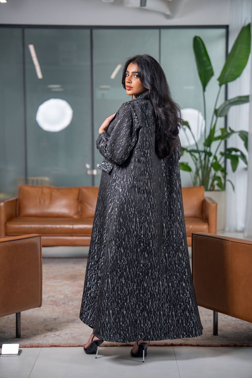 Black and gray crepe jacquard blazer abaya C:6627