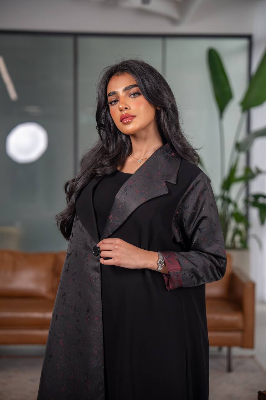 Black crepe blazer abaya with jacquard fabric C:6626