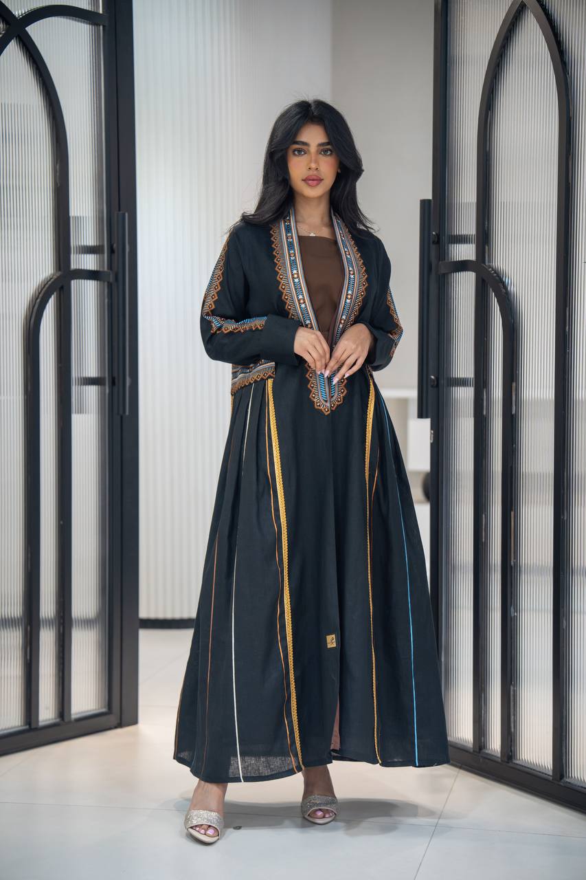 Black linen abaya with embroidery C:6605