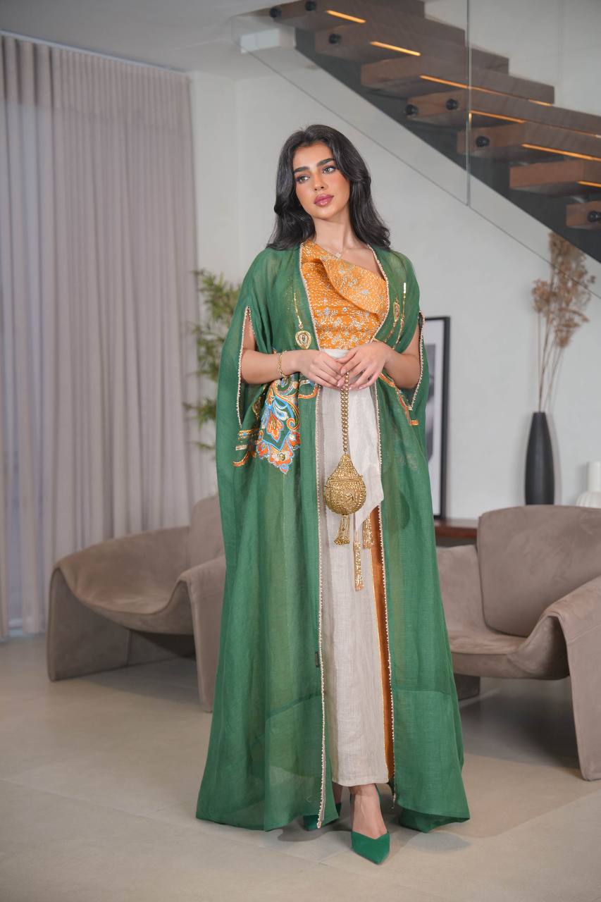 Green Bisht with beige linen dress with orange and embroidery C:6614