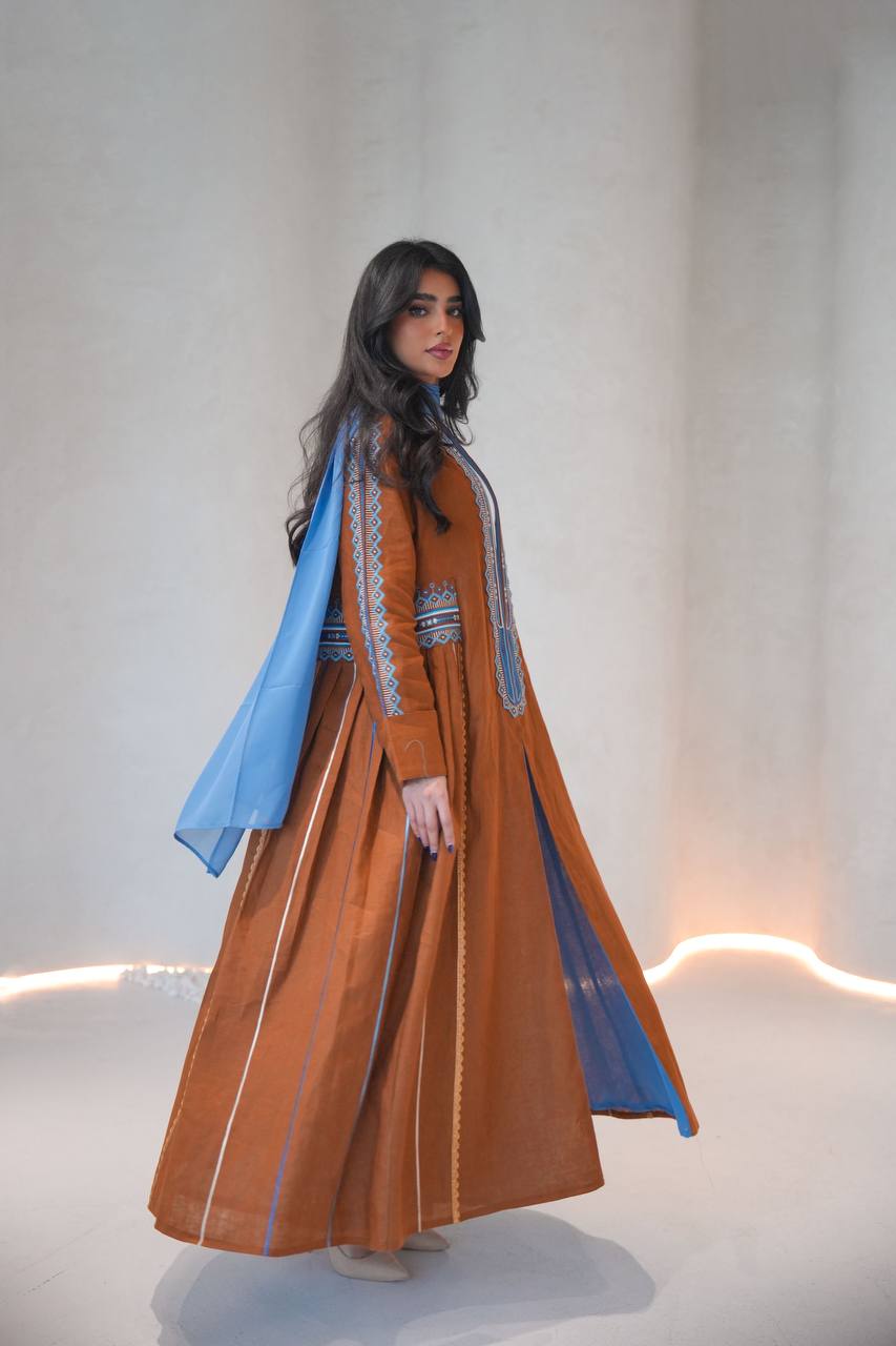 Linen abaya in camel color with embroidery C:6605 Brown