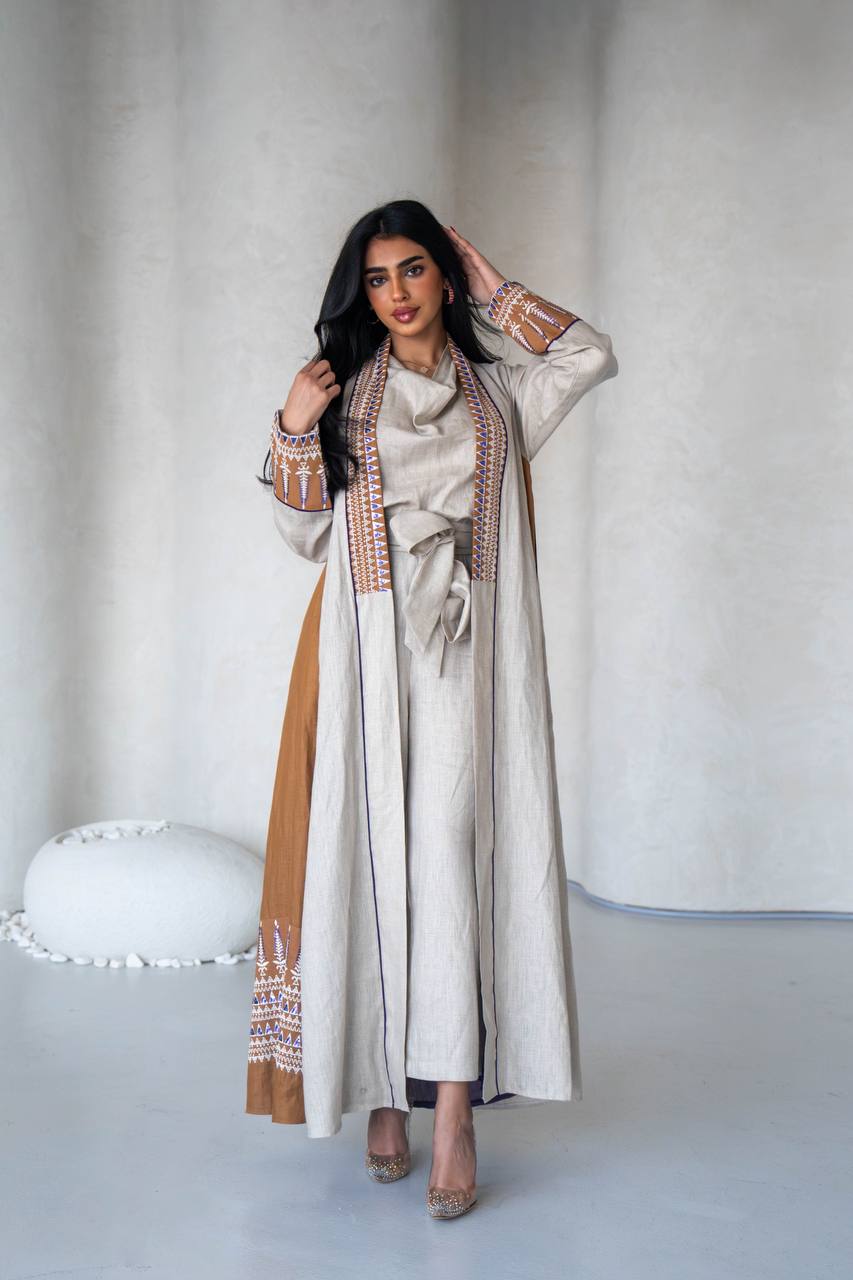 Linen abaya in light beige with embroidery C:6588 Light Beige