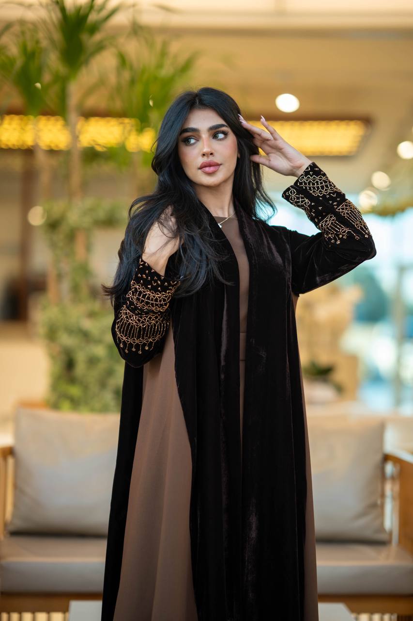 Black velvet abaya with brown crepe 6579