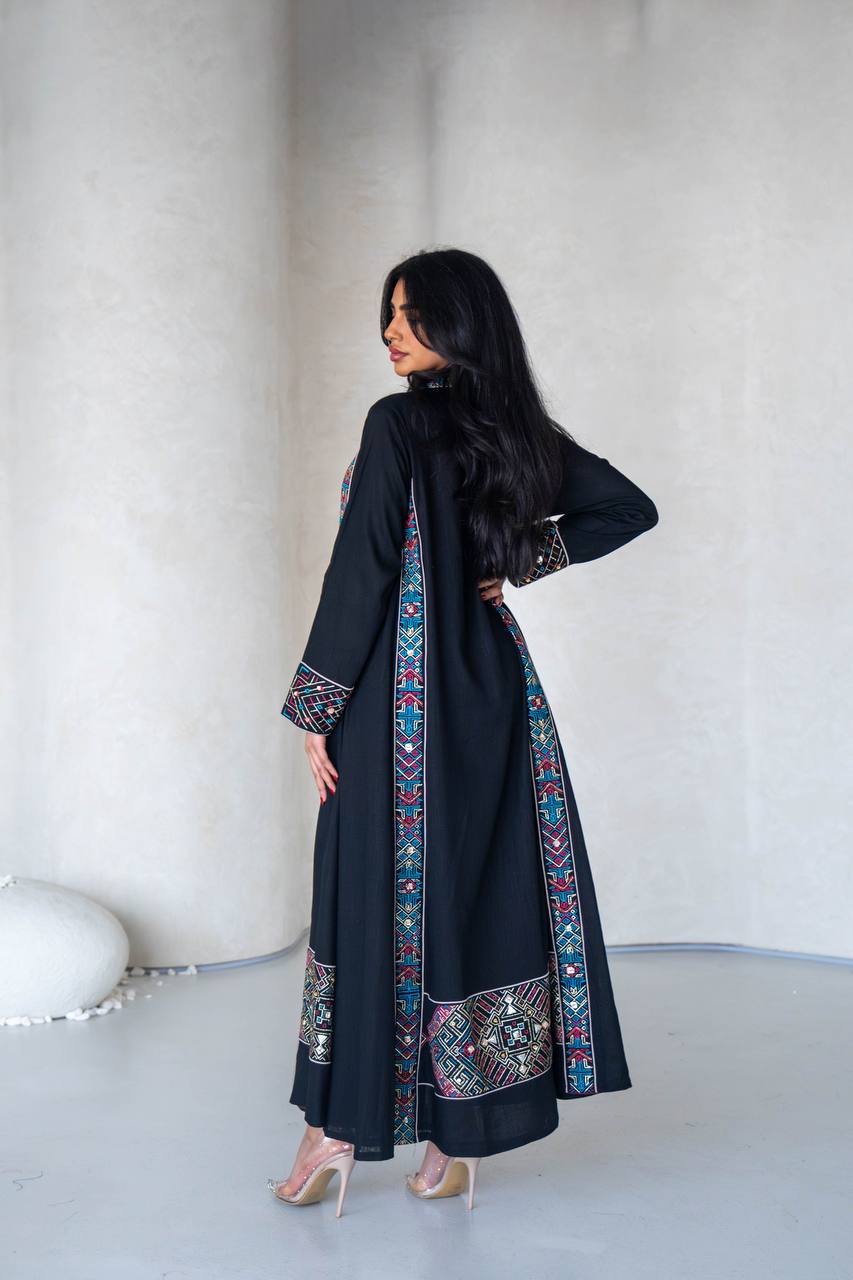 Linen abaya in black with embroidery C:6589 Black