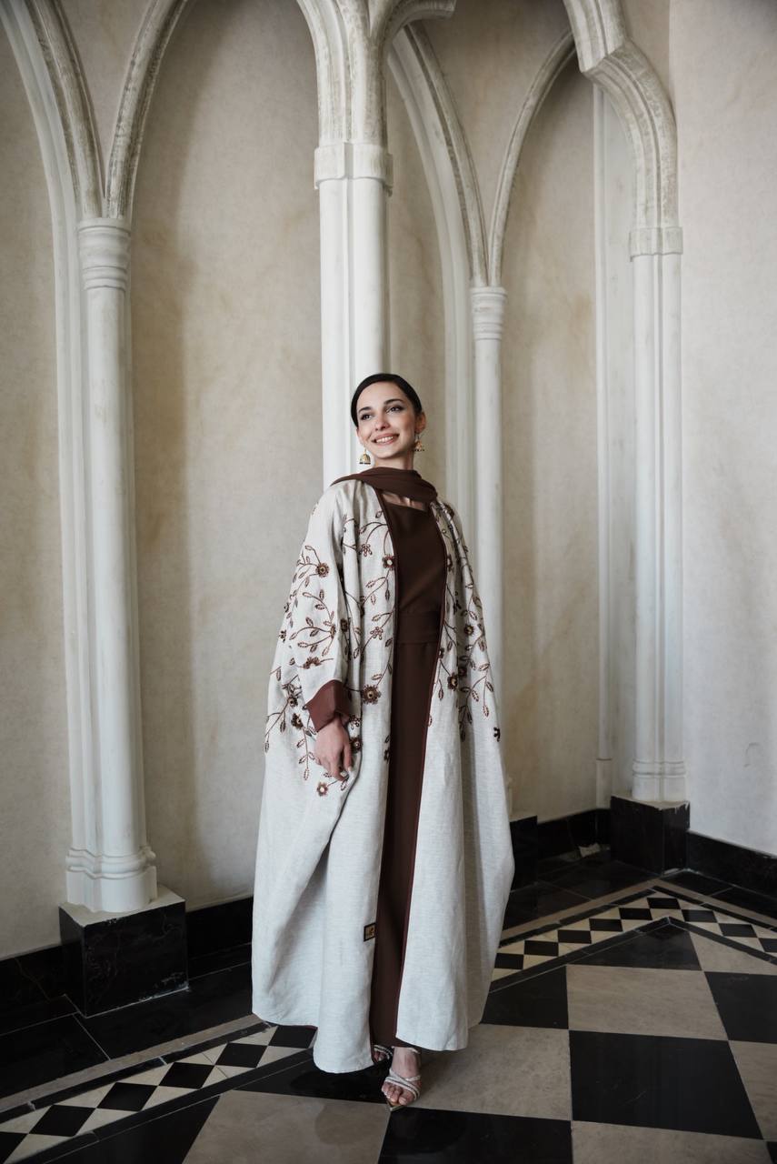 Bisht Linen Abaya in beige color with embroidery C:6595