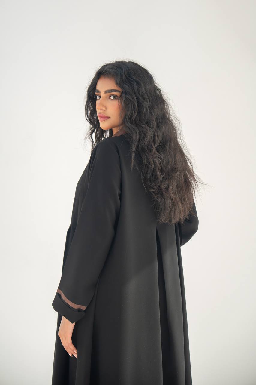 Black crepe blazer abaya with brown details C:6636 Black Crape