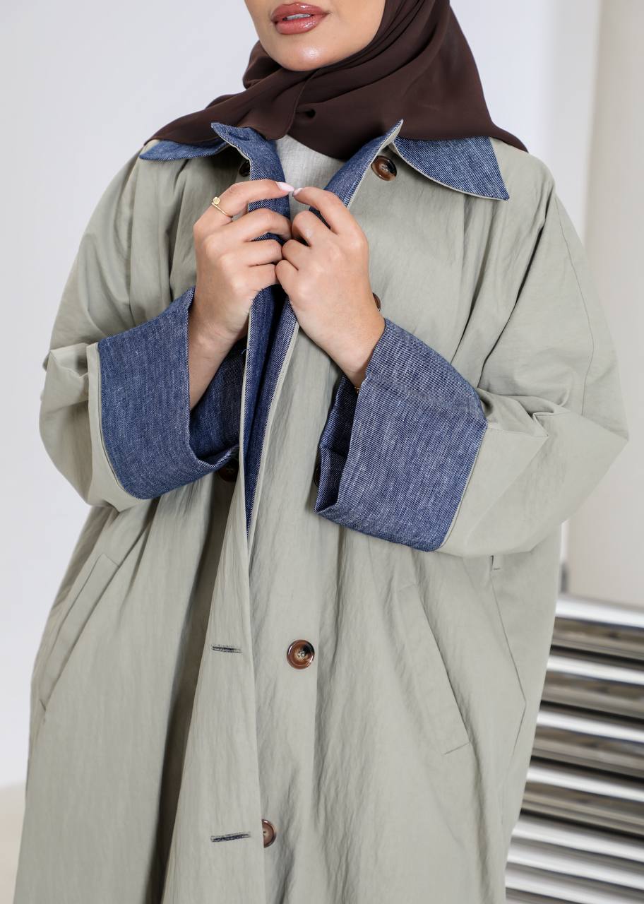 Free size trench coat, in pistachio color with denim details C:6656