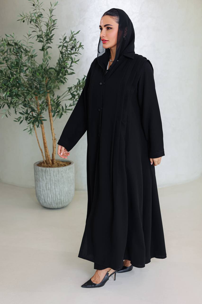 Black crepe abaya with pleats on the sides C:6663