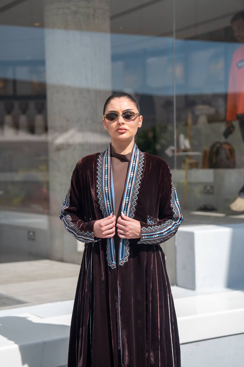 Brown velvet abaya with embroidery.C:6702