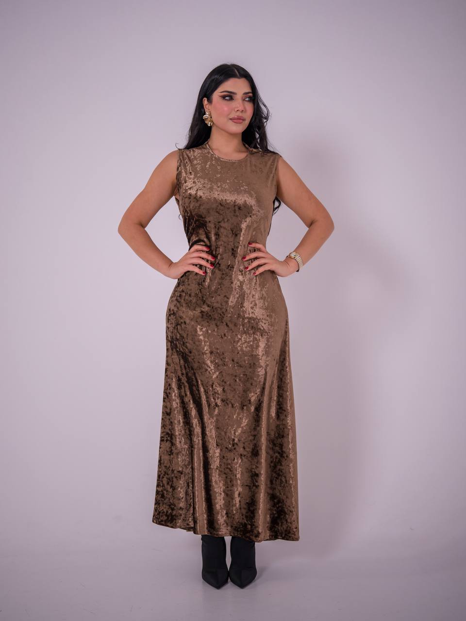 brown stretch velvet dress. C:223 Brown