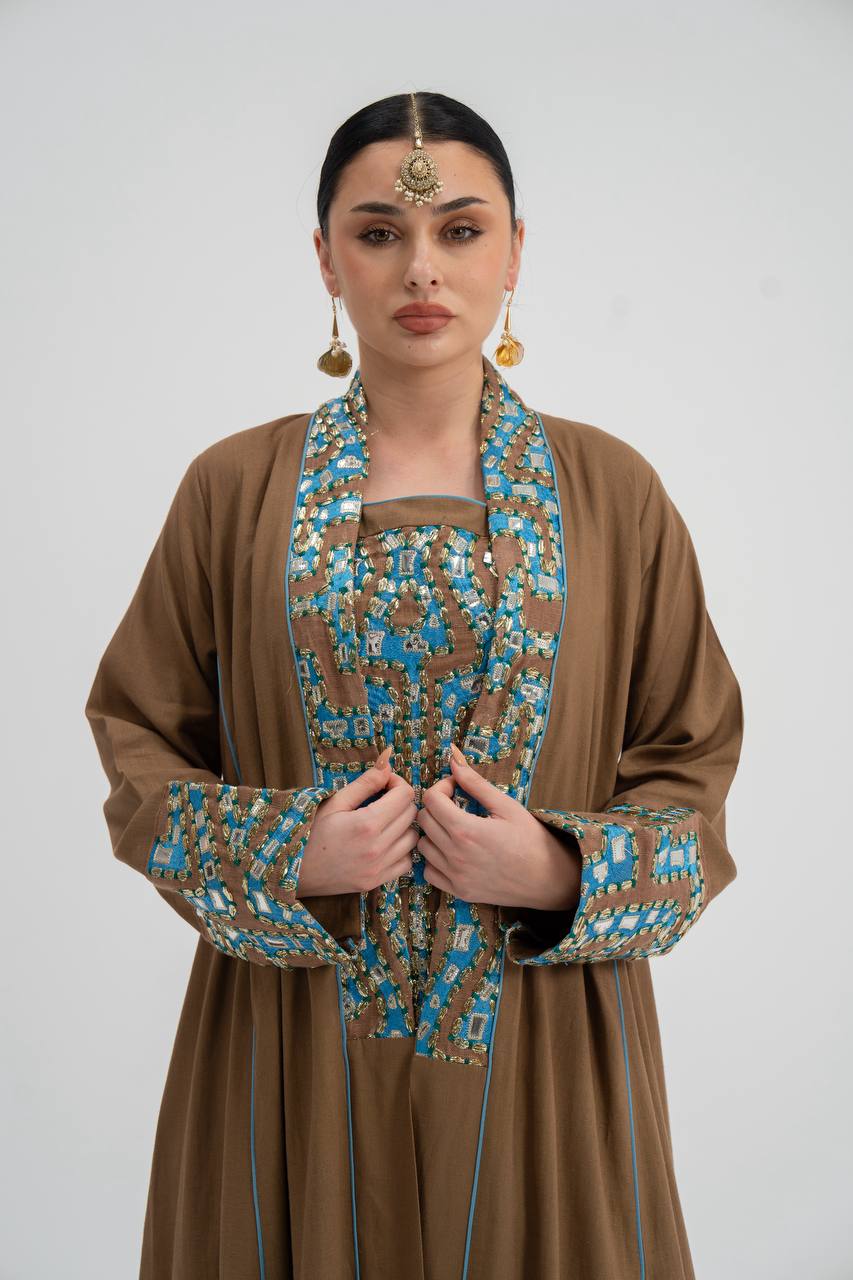Abaya and dress set, linen with embroidery. C:6743