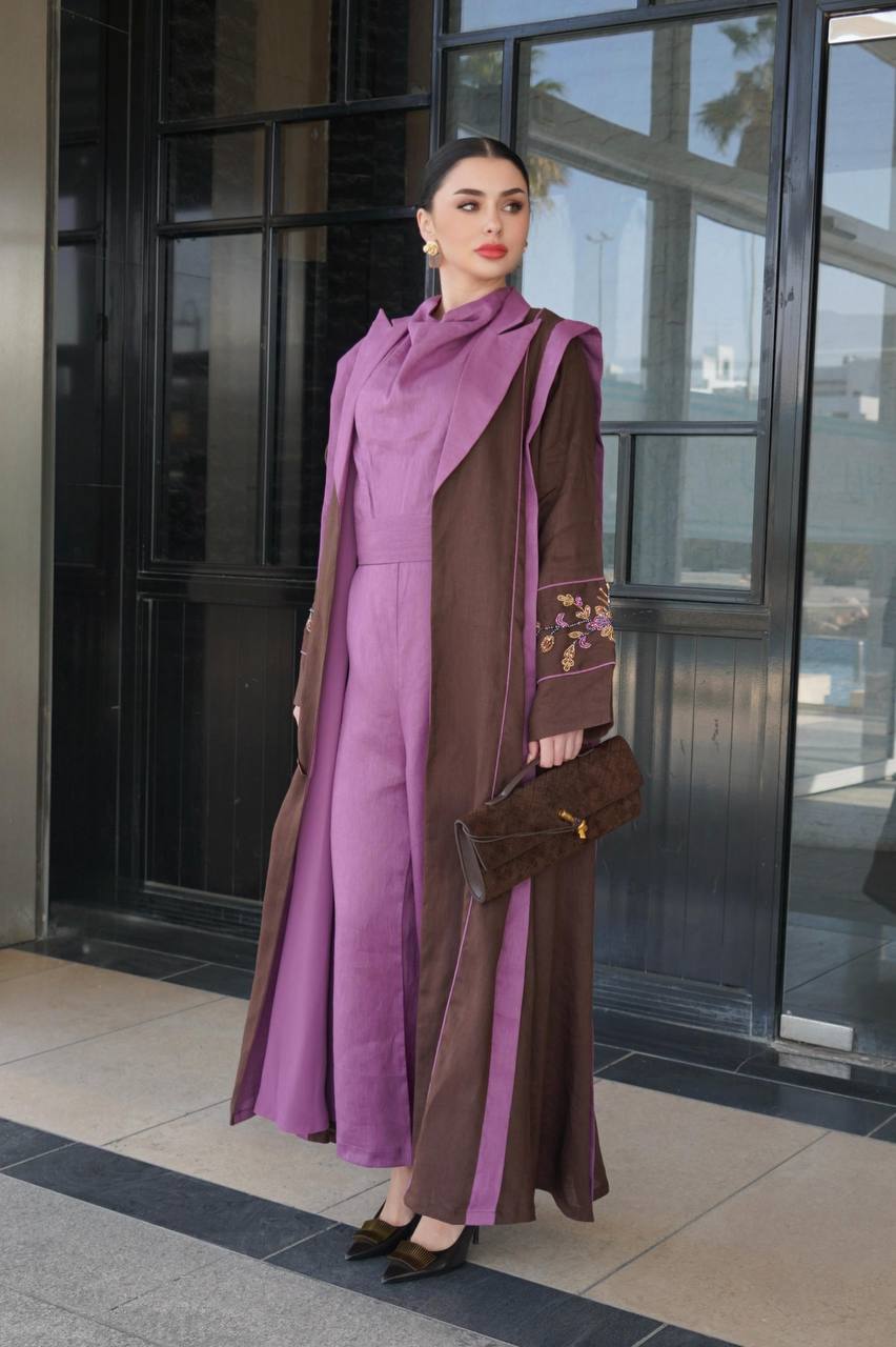 Brown linen blazer abaya with embellishments. C:6755