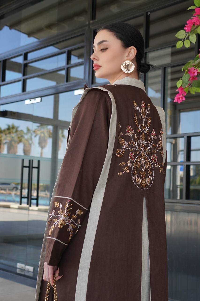 Brown linen blazer abaya with hand-stitched details. C:6755