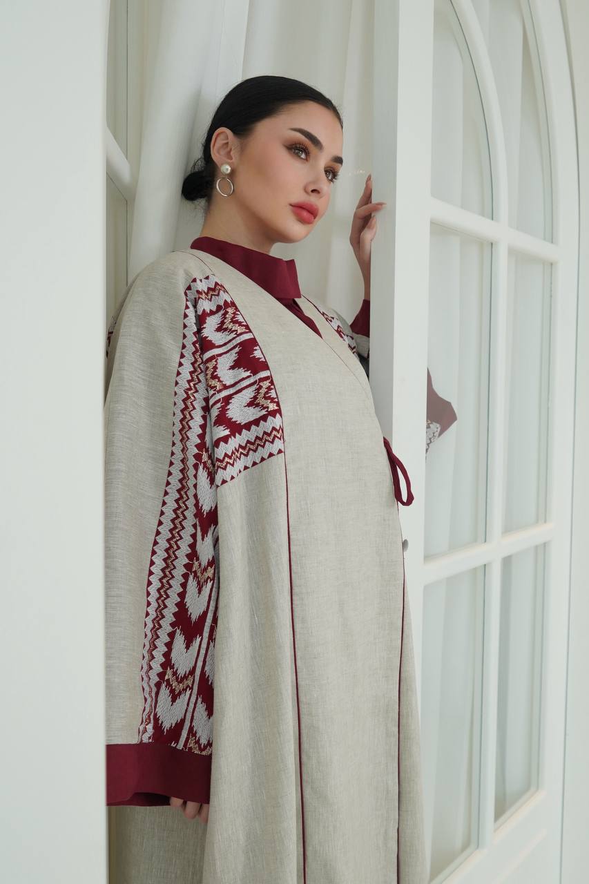 Beige linen abaya with embroidery. C:6757