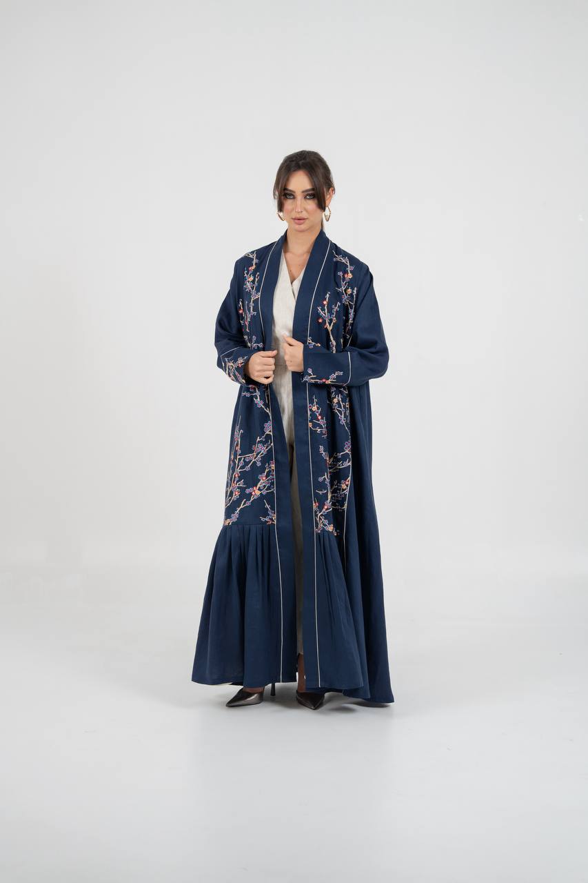 Linen abaya in navy blue with embroidery. C:6760 Blue