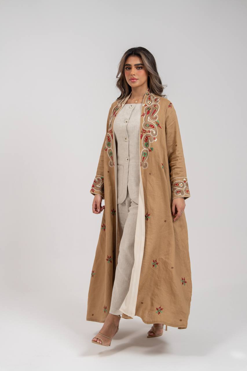 Beige linen abaya with embellishments. C:6772