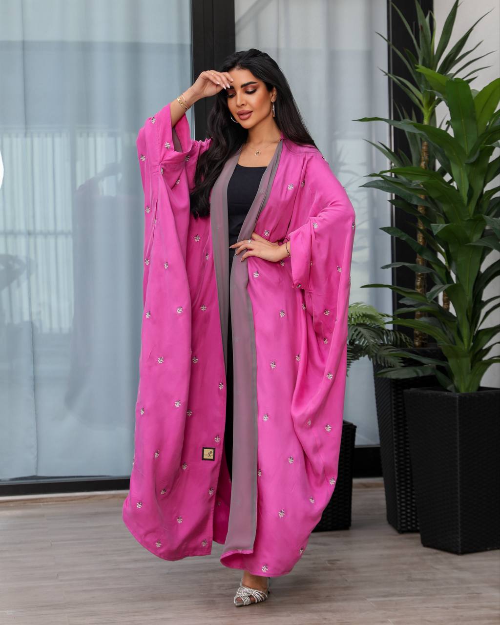 Pink silk crepe abaya with hand embroidery and beading. C:6387