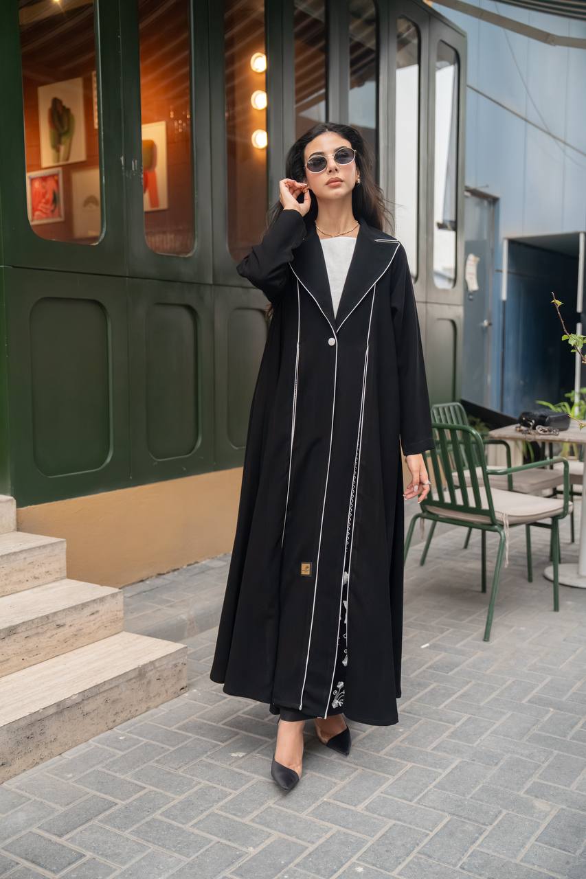 Black crepe abaya with white embroidery. C:6770