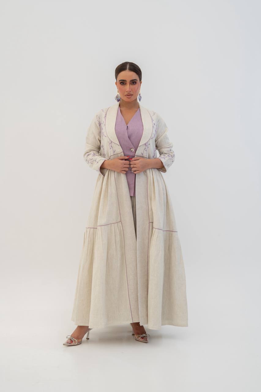 Beige linen abaya with embroidery. C:6786