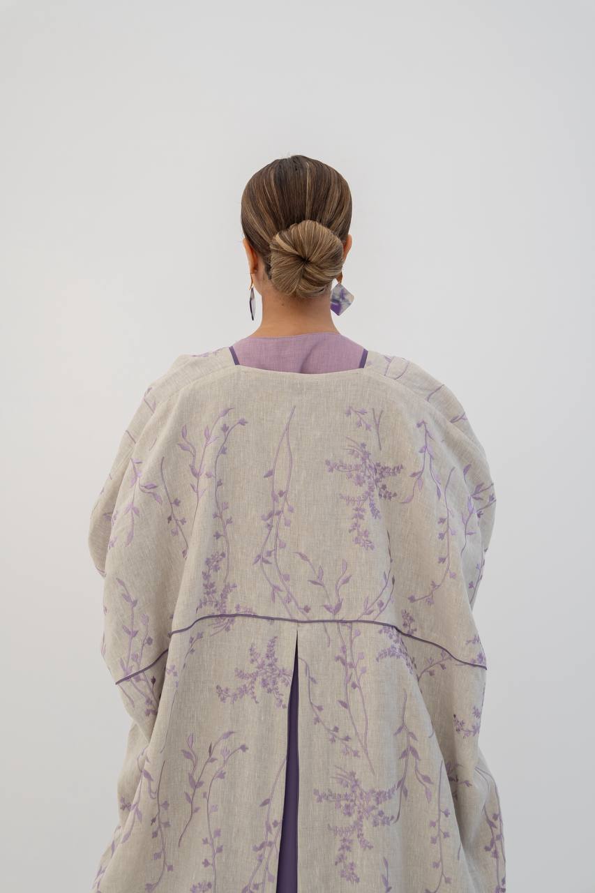 Beige linen abaya with embroidery. C:6784