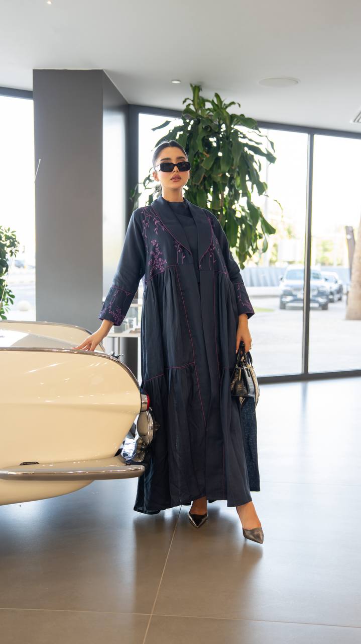 Linen abaya in navy blue with embroidery.C:6786
