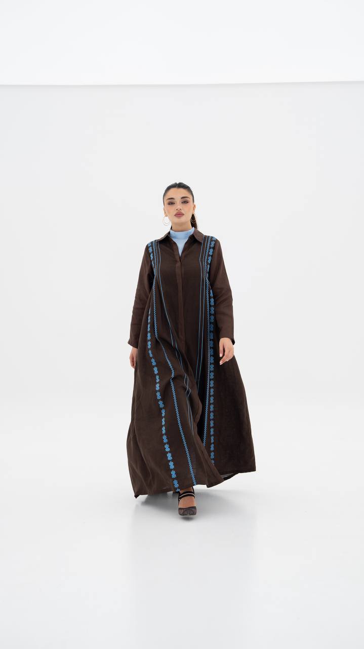 Linen abaya in brown with embroidery.C:6683