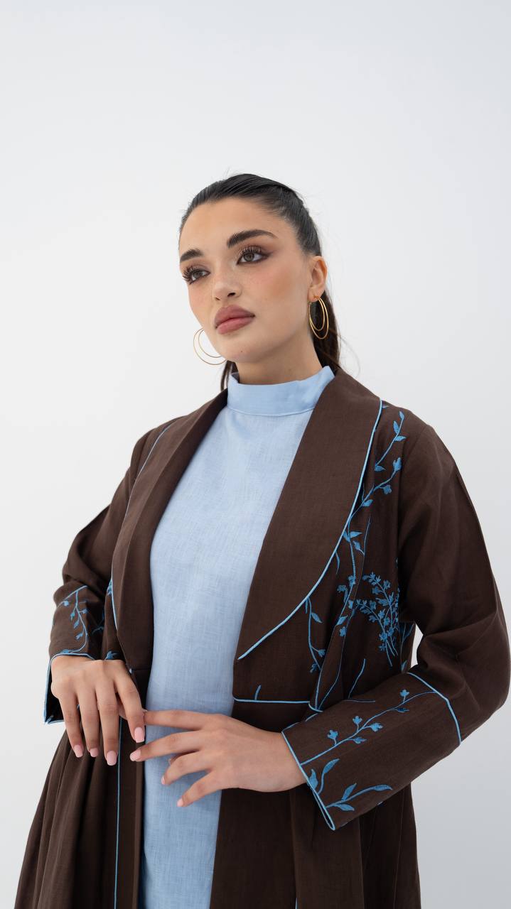 Beige linen abaya with embroidery.C:6786