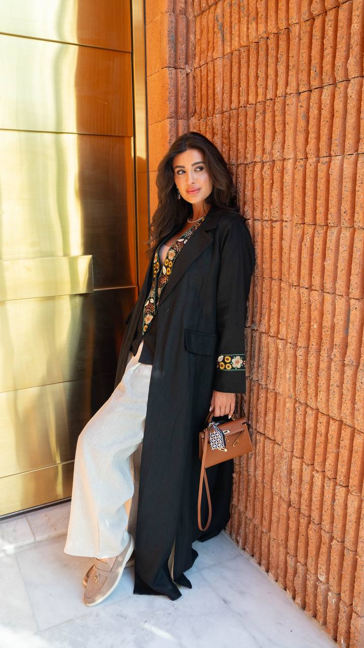 Black linen blazer abaya with embroidery. C:6792