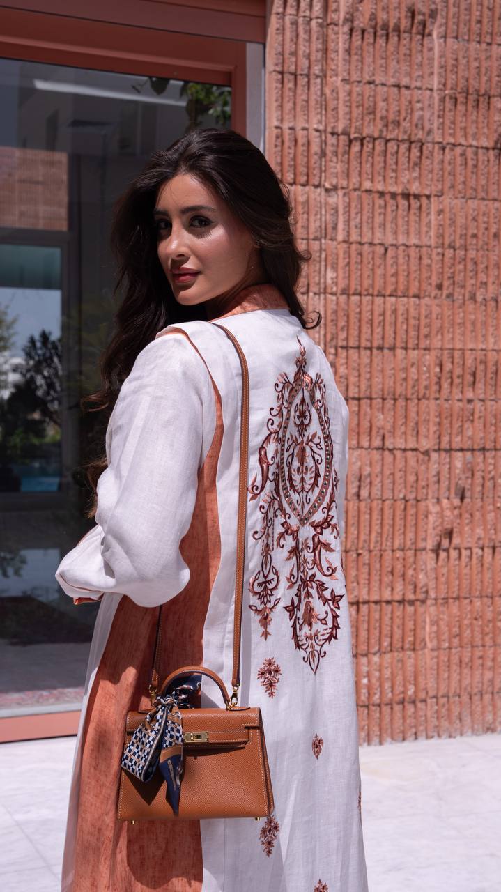 White and orange linen blazer abaya with embroidery. C:6794