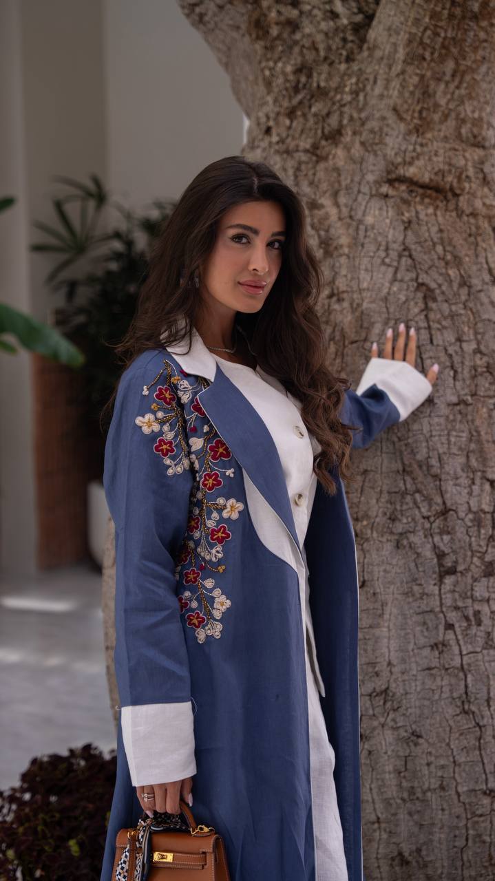 Blue linen blazer abaya with embroidery.C:6795