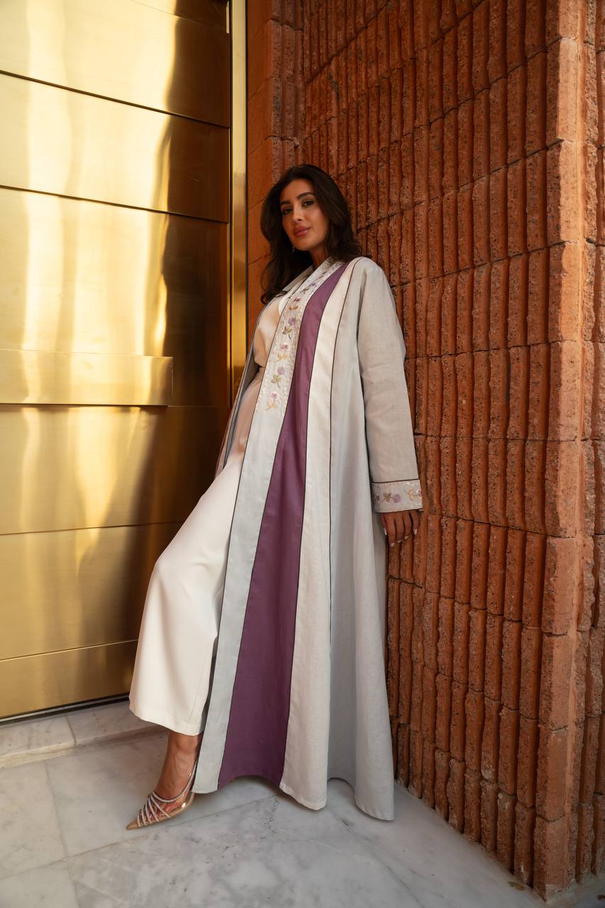Beige linen abaya with embroidery.C:6799