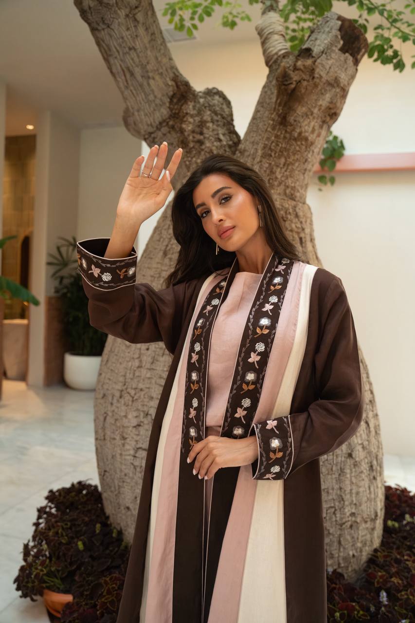 Linen abaya in brown with embroidery.C:6799