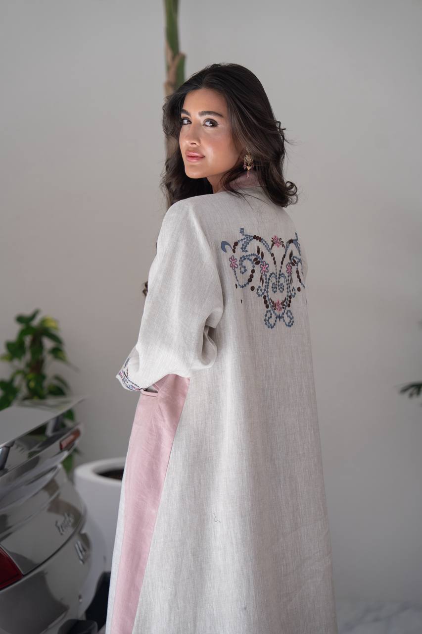 Beige linen blazer abaya with embroidery.C:6800