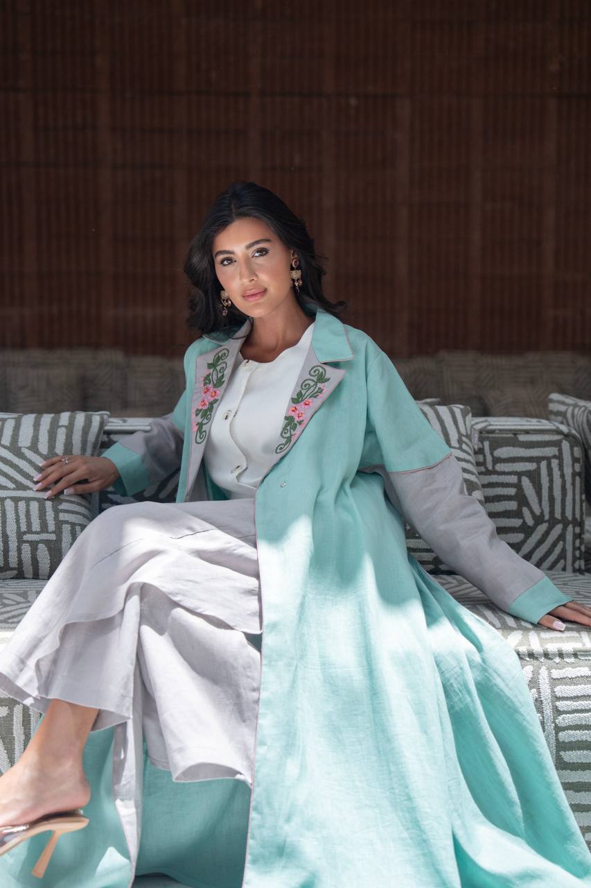 Turquoise linen blazer abaya with embroidery. C:6803