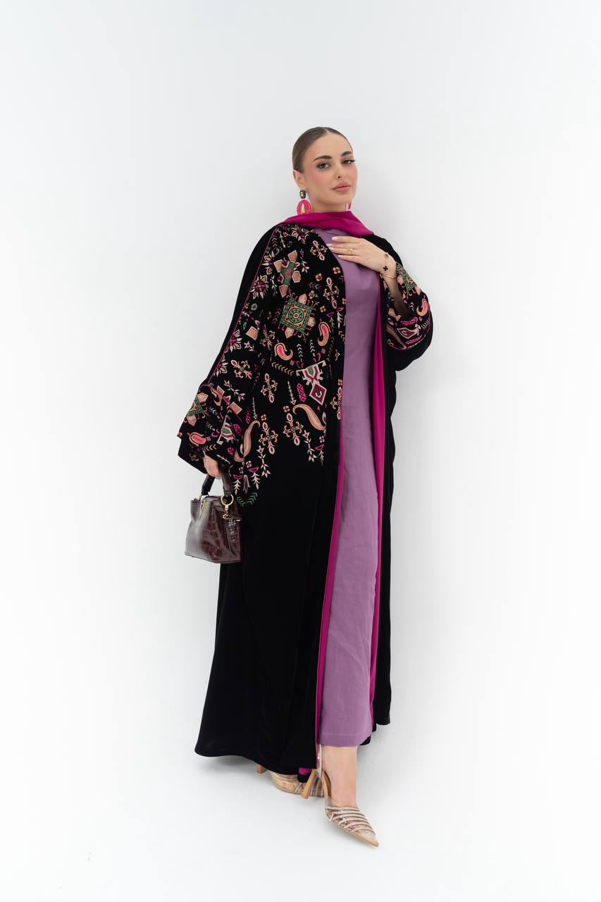 Black velvet bisht with embroidery.C:6844