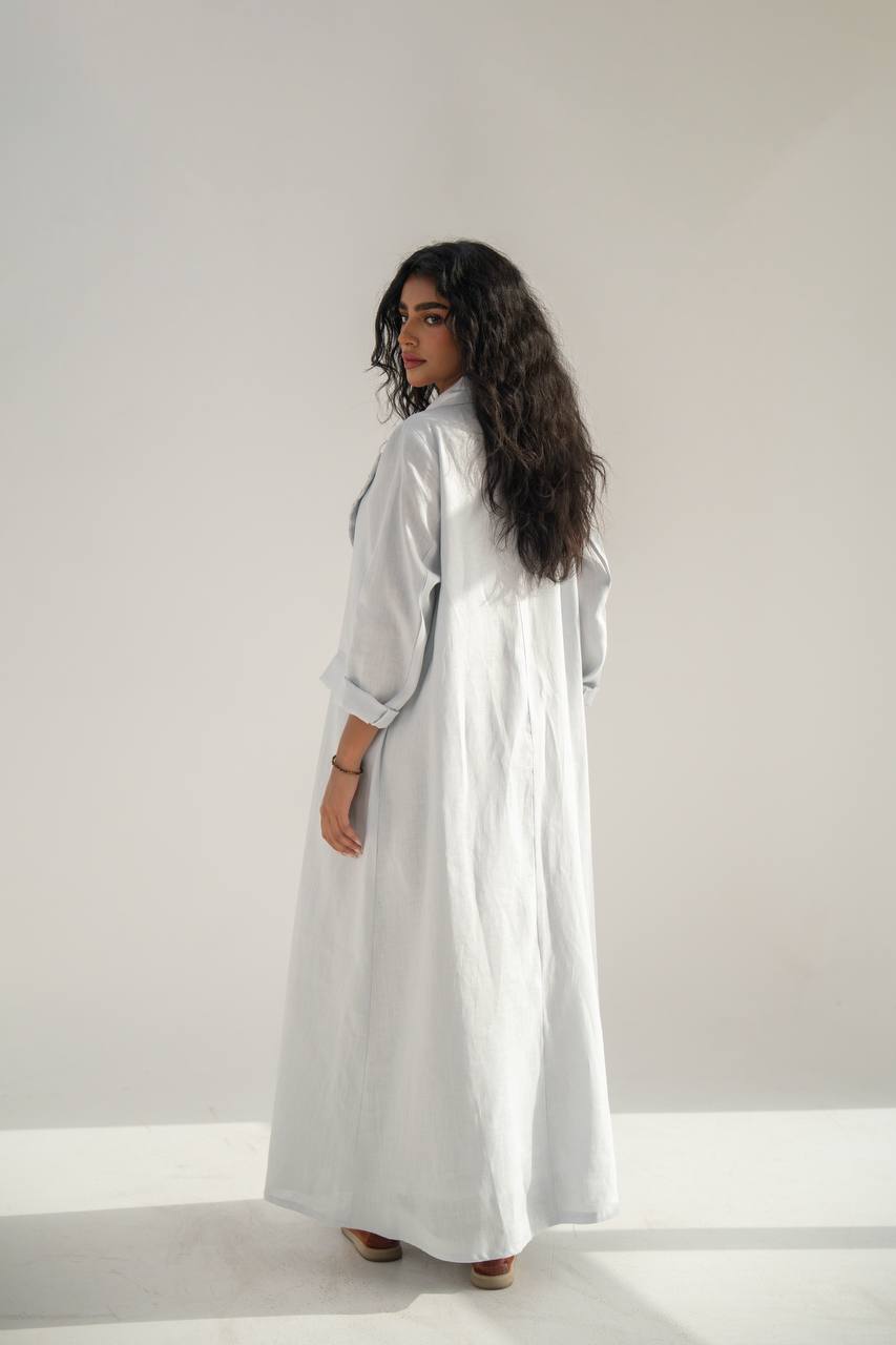 Linen blazer abaya, sky blue with hand embroidery C:6651
