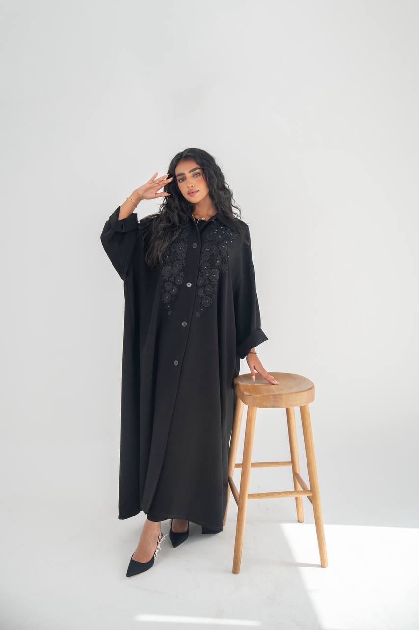Black crepe abaya with hand embroidery and beading C:6650